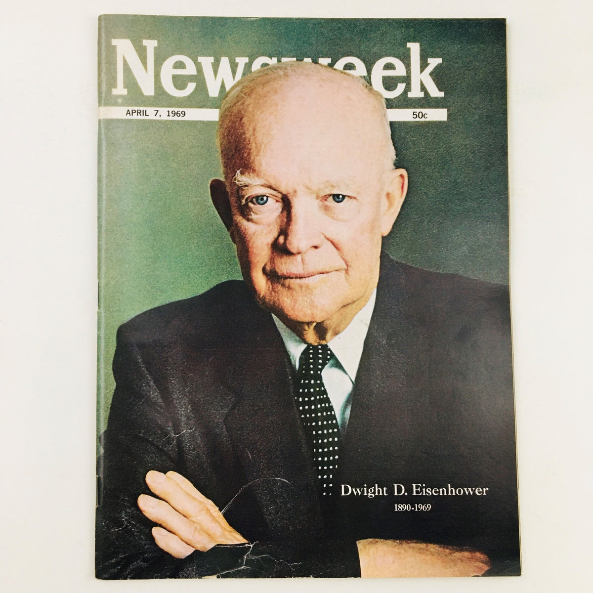 Cover of Newsweek Magazine from April 7, 1969 featuring a tribute to Sir Dwight D. Eisenhower, showcasing his portrait and emphasizing his lifespan from 1890 to 1969.