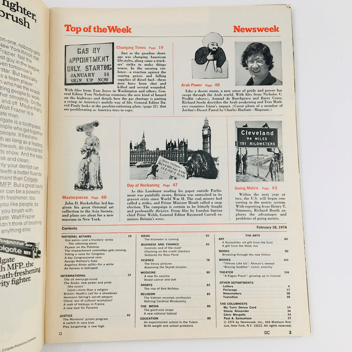Interior page from Newsweek Magazine February 18, 1974, displaying articles including 'Arab Power' and content summary related to historical events of the era.