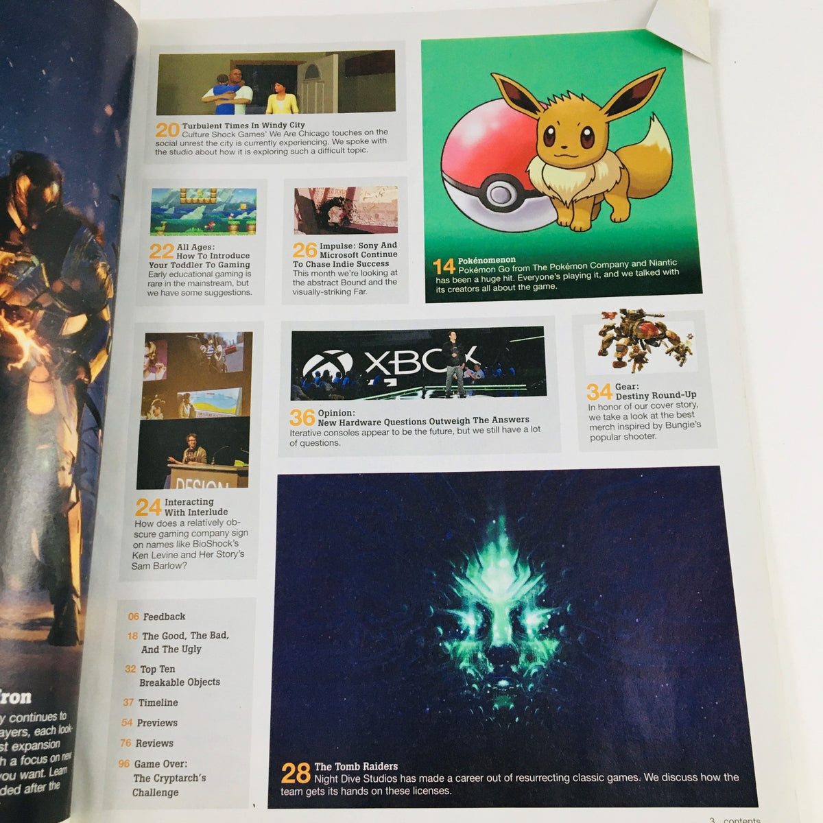 Interior page of the Game Informer Magazine September 2016 Issue 281 highlighting various features, including Pokémon and gaming industry insights, while focusing on Destiny: Rise of Iron.