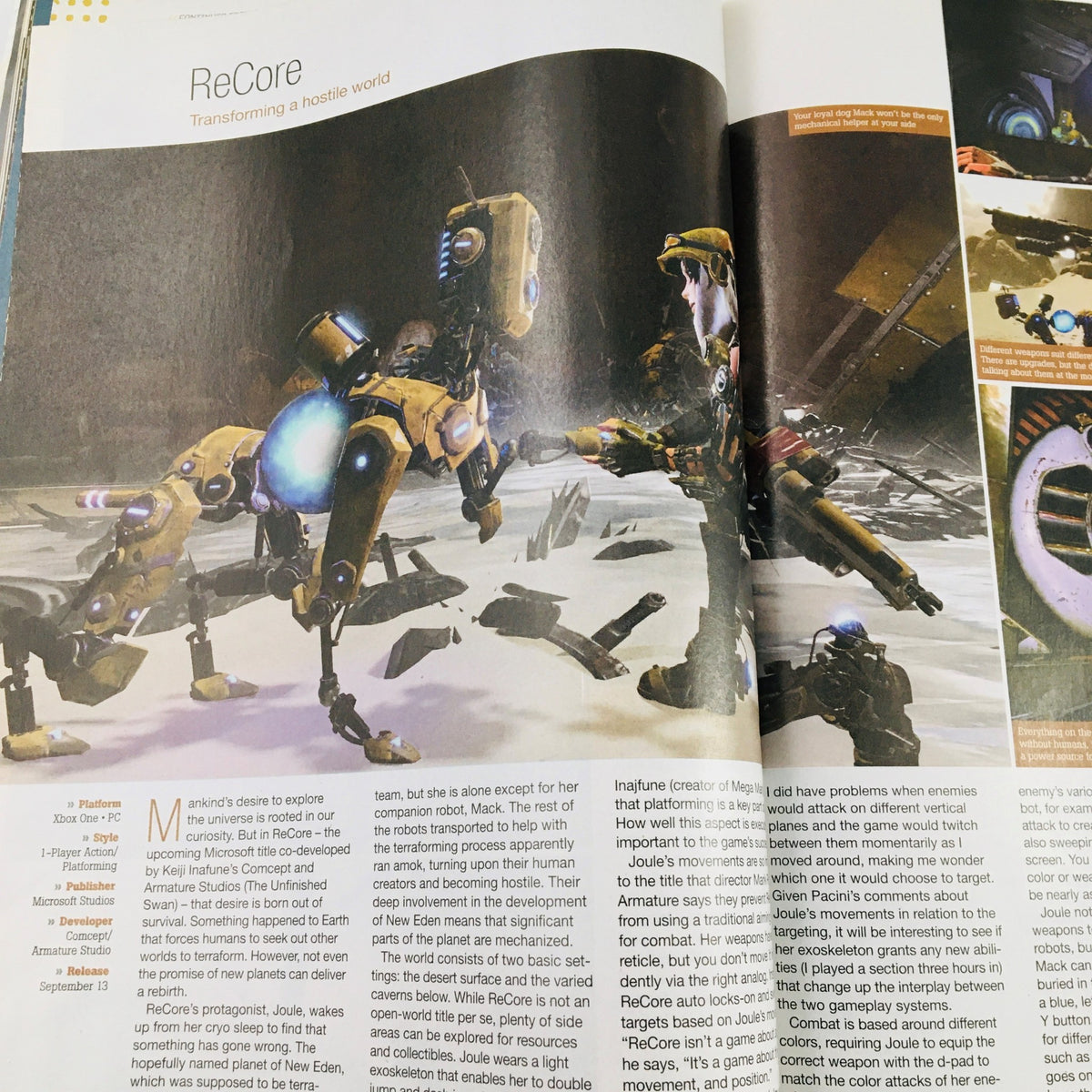 Feature article on the game ReCore in Game Informer Magazine September 2016 Issue 281, discussing gameplay mechanics and world design.