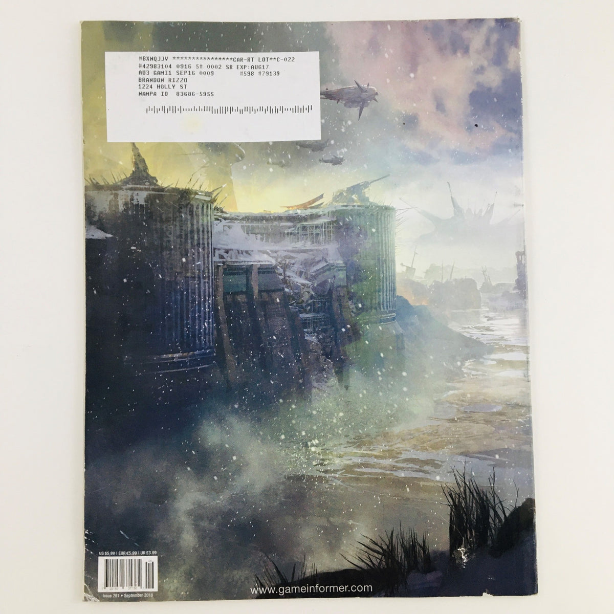Back cover of Game Informer Magazine September 2016 Issue 281 featuring artwork from Destiny: Rise of Iron, showcasing a mystical landscape with a serene water body and futuristic structures.