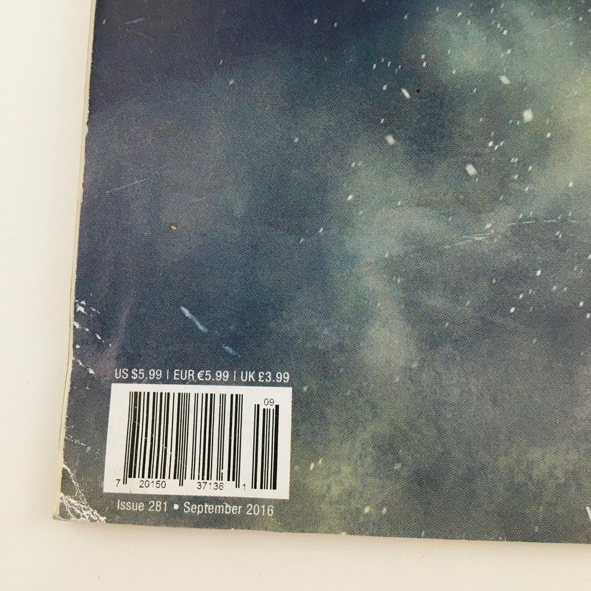Close-up of the back cover of Game Informer Magazine September 2016 Issue 281, highlighting the magazine price and issue number, along with the publication date.