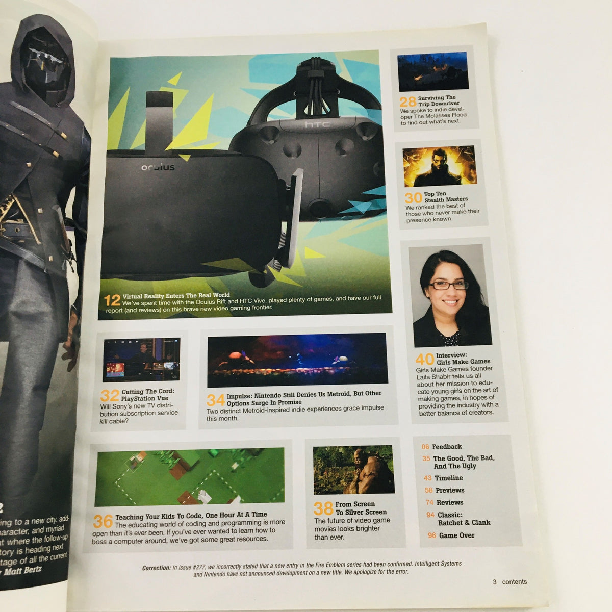 Inside page of Game Informer Magazine June 2016 Issue 278 displaying contents, featuring virtual reality games and gaming insights.