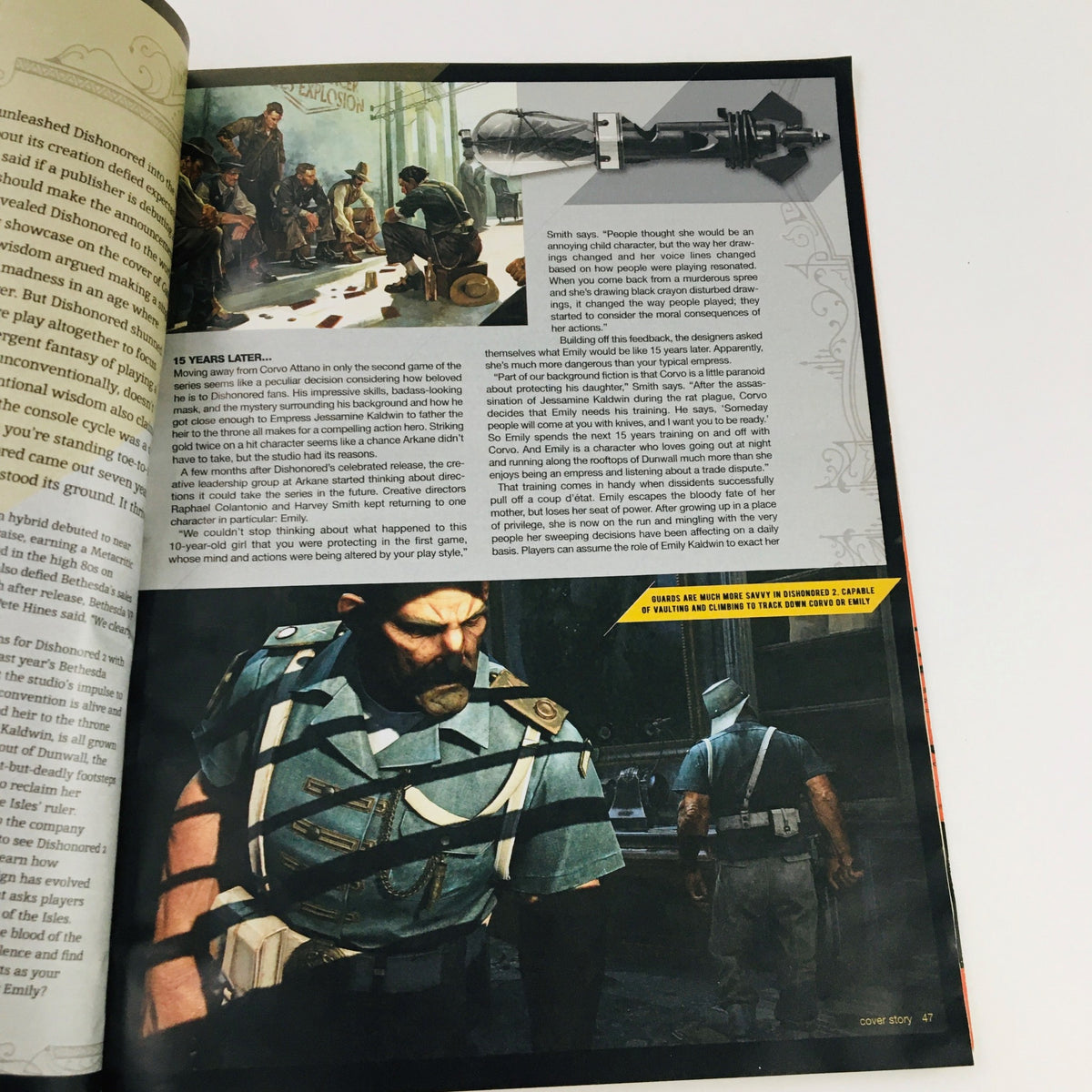 Inside page from Game Informer Magazine June 2016 Issue 278 discussing Dishonored 2 with images and text about game development.