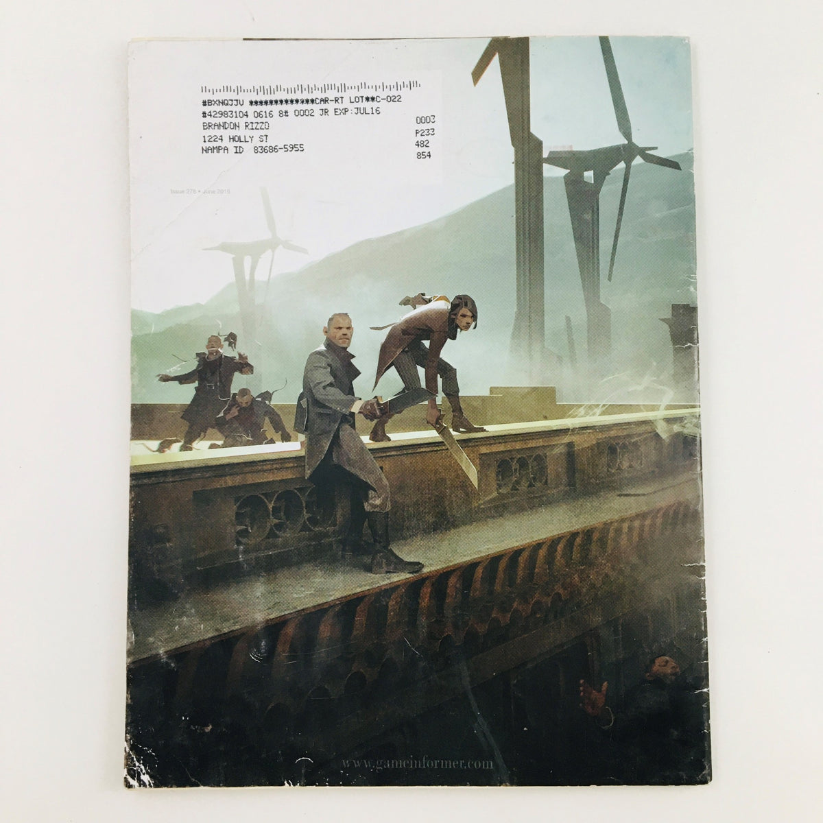 Back cover of Game Informer Magazine June 2016 Issue 278 featuring Dishonored 2, showcasing a character and environment from the game.