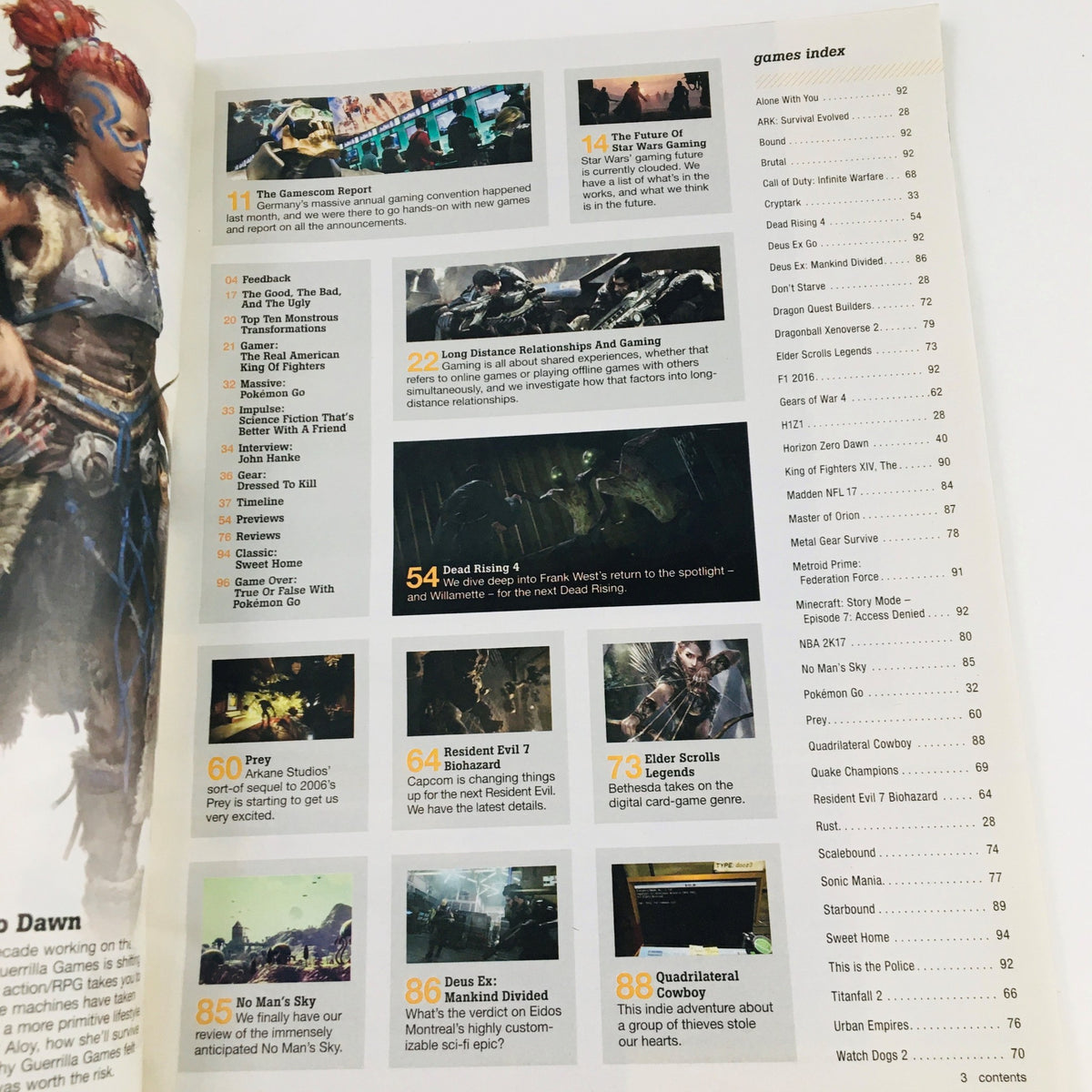 Inside view of Game Informer Magazine October 2016, Issue #282 showcasing the games index section, including highlights relevant to Horizon Zero Dawn.