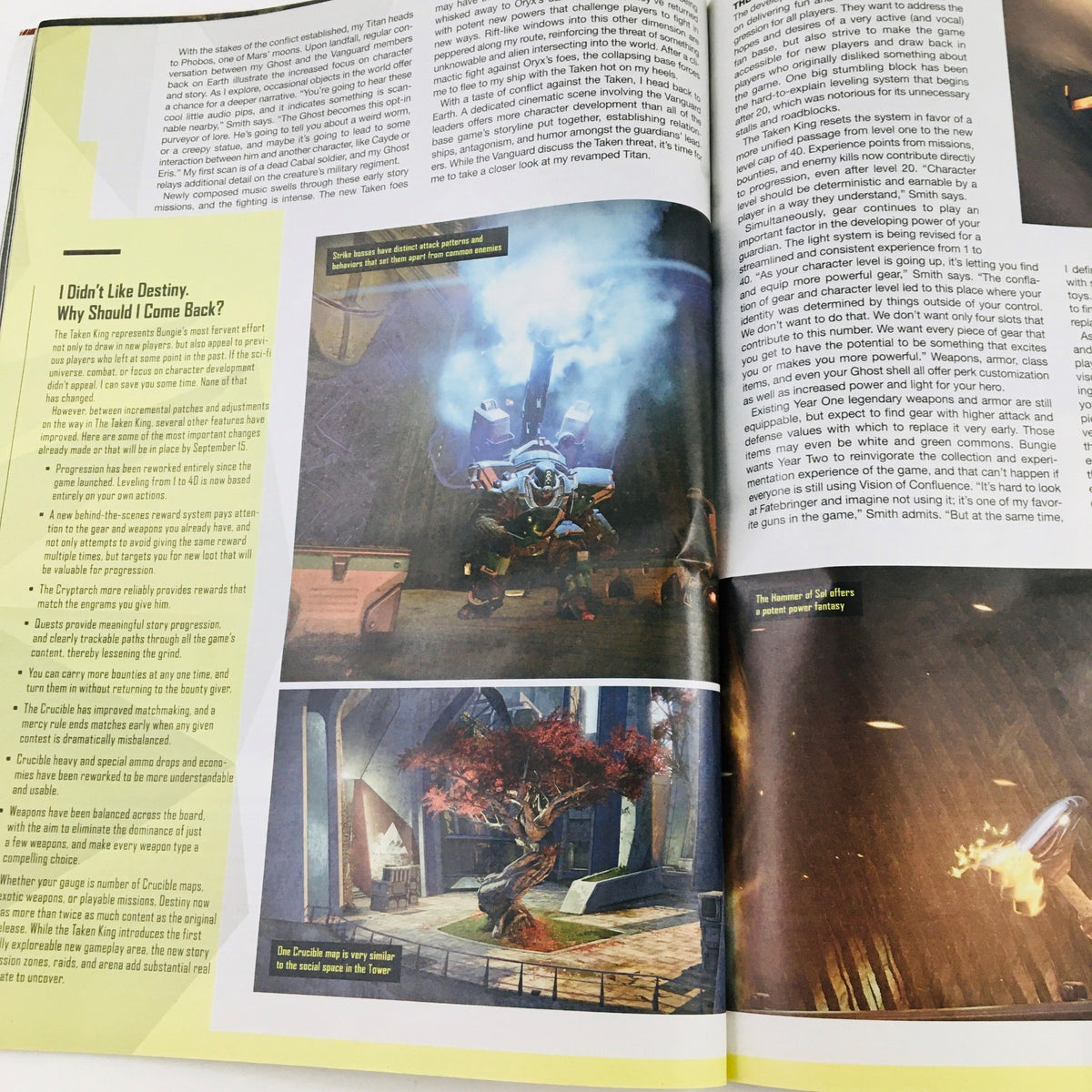 Article spread in the Game Informer Magazine September 2015 Issue 269 discussing Destiny: The Taken King, with images and text.