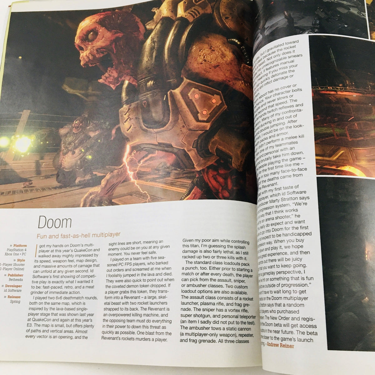 Interior page of Game Informer Magazine September 2015 Issue 269 featuring an article on Doom, with imagery and text describing gameplay and multiplayer features.