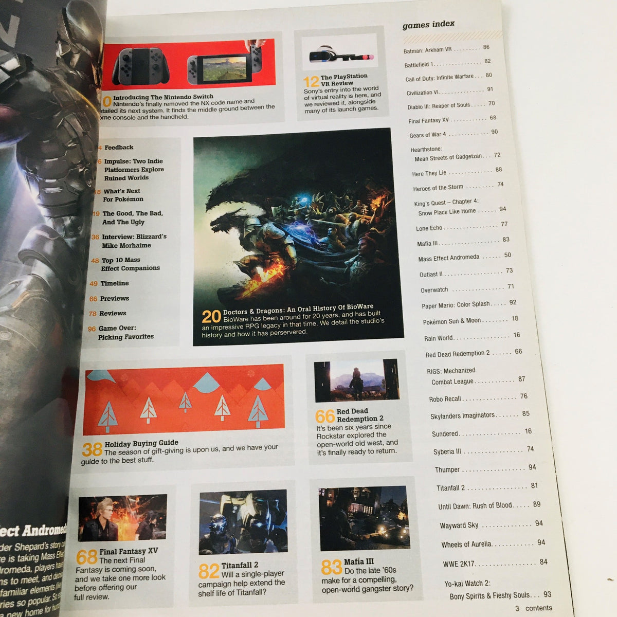 Inside page of Game Informer Magazine December 2016 Issue 284 displaying the contents index including game previews and features.