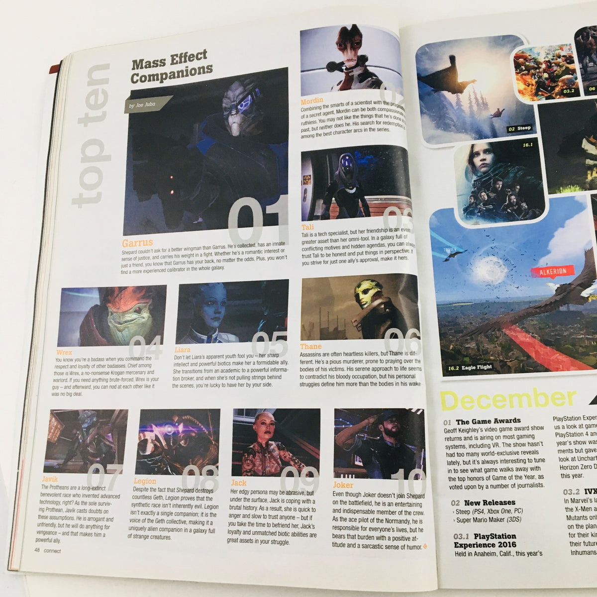 Featured article in Game Informer Magazine December 2016 Issue 284 highlighting top ten companions from Mass Effect, including character profiles.