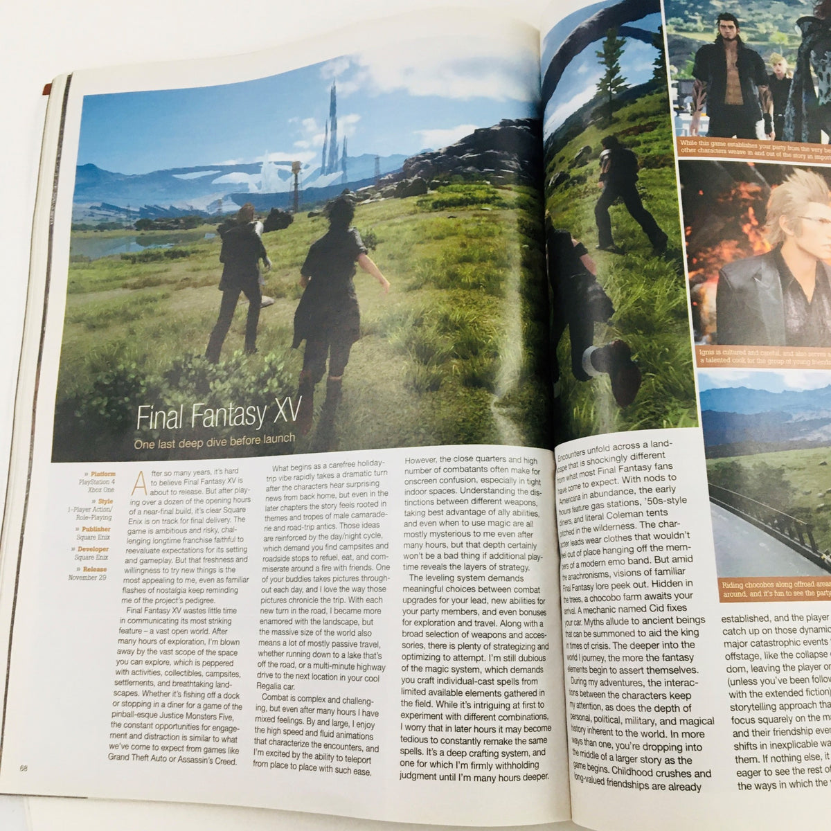 Inside page of Game Informer Magazine December 2016 Issue 284 featuring an article about Final Fantasy XV, highlighting gameplay insights and character details.