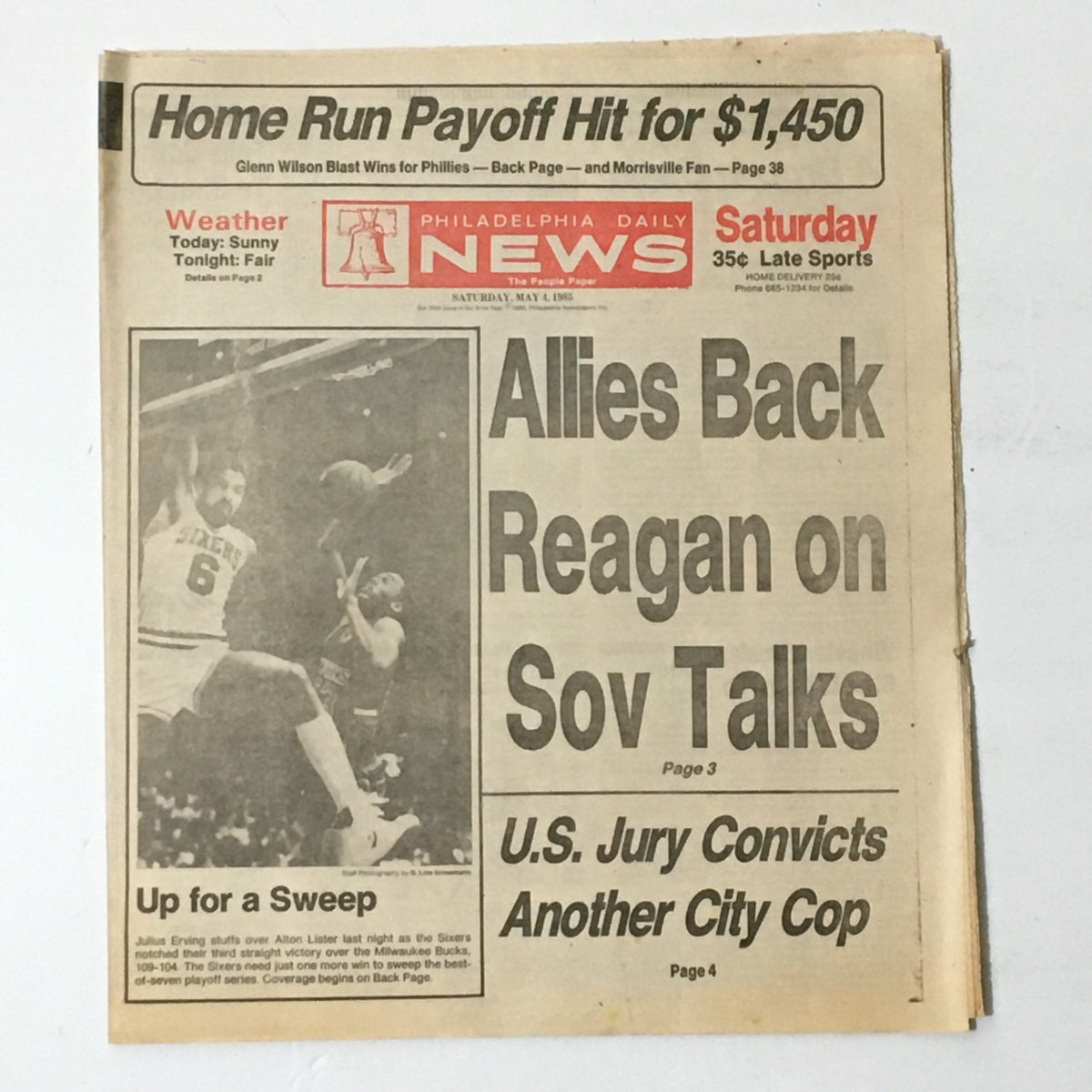 VTG Philadelphia Daily News, May 4, 1985, featuring NBA's Julius Erving in action, blocking Alton Lister during a playoff game.