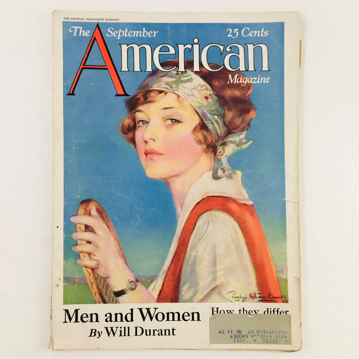 Cover of VTG The American Magazine September 1927 featuring an illustration of a woman with a headscarf, along with the title 'Men and Women' by Will Durant.