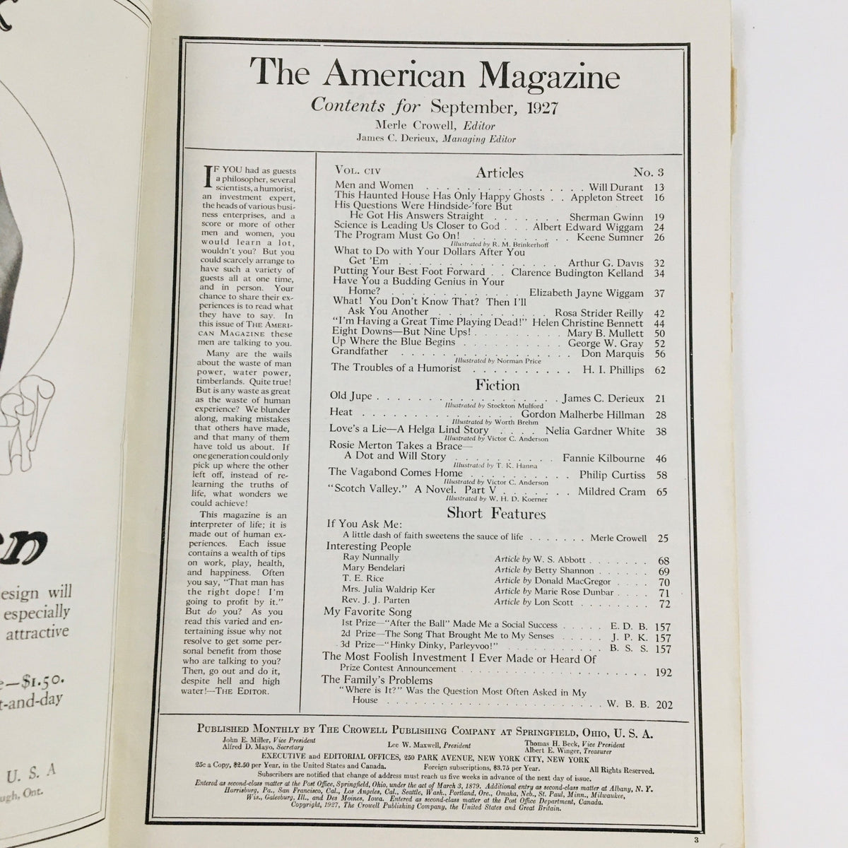 Table of contents page from VTG The American Magazine September 1927, listing articles and features including 'Men and Women' by Will Durant.