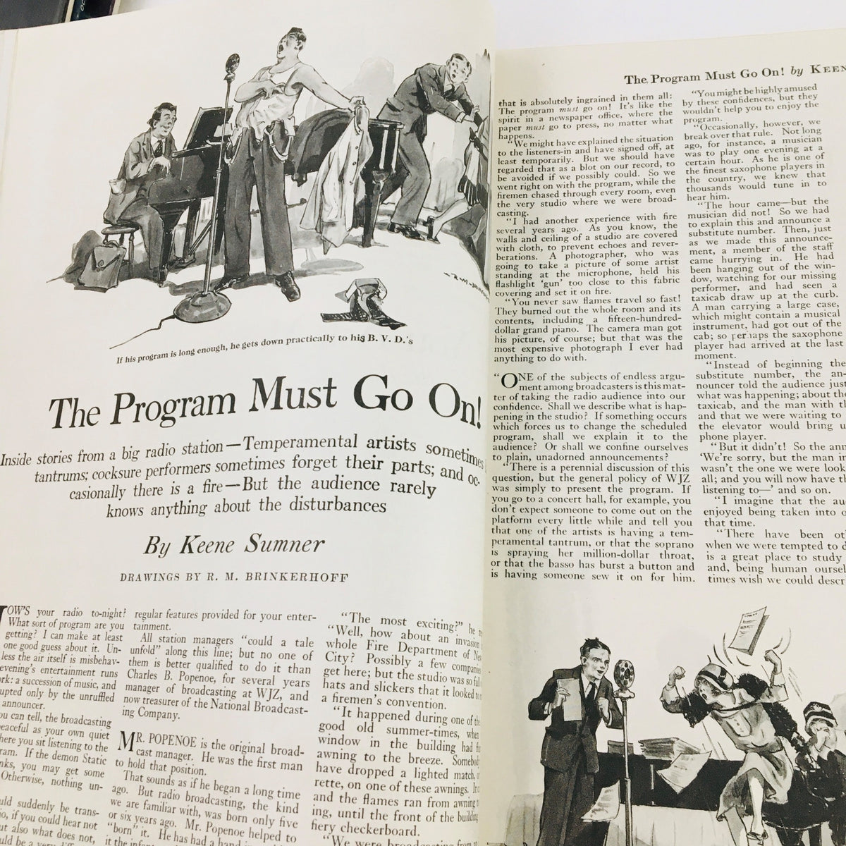 Interior page from VTG The American Magazine September 1927 featuring an article titled 'The Program Must Go On!' by Keene Sumner with illustrations depicting radio performers.