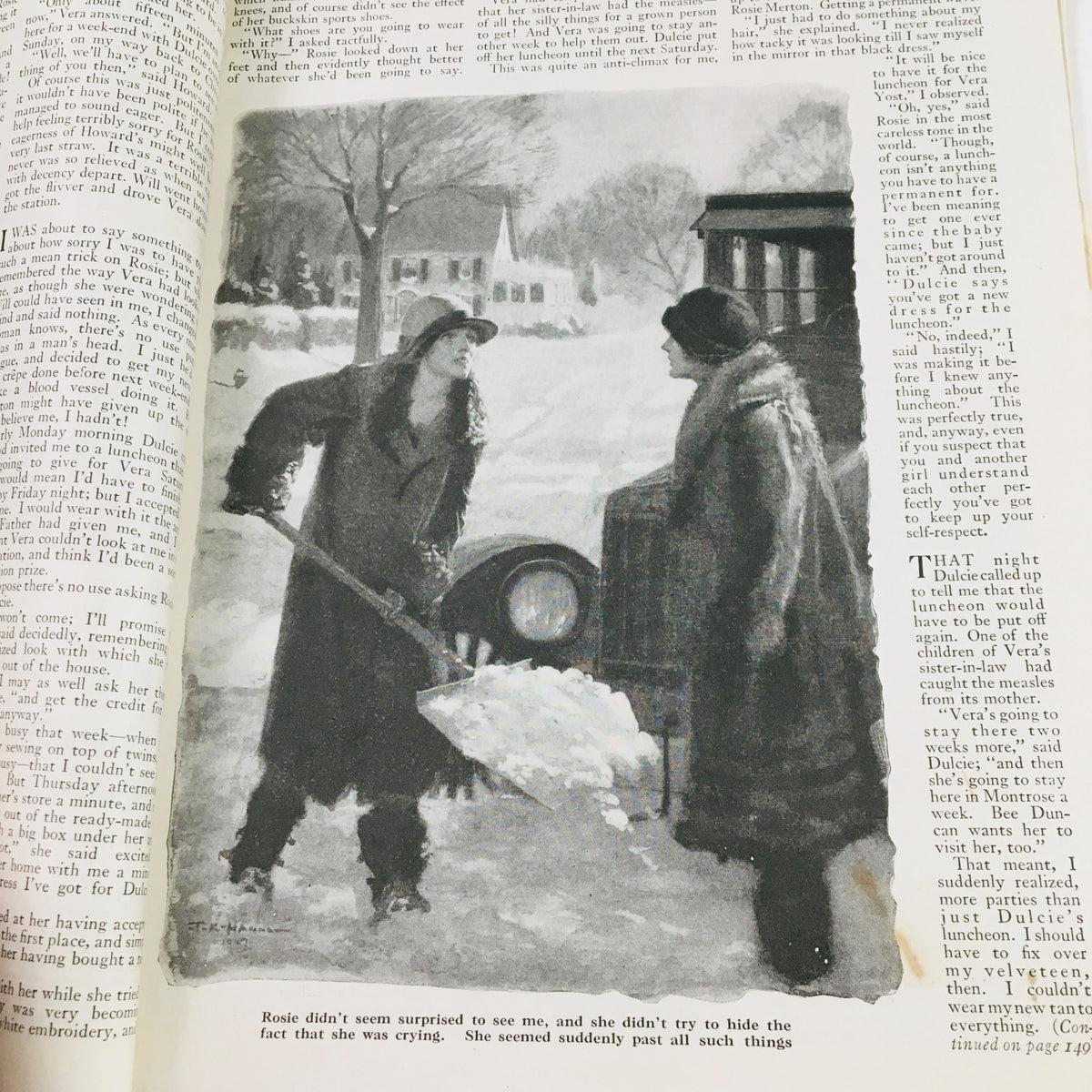 Illustration from VTG The American Magazine September 1927 showing two women in winter attire engaged in conversation while shoveling snow near a vintage car.