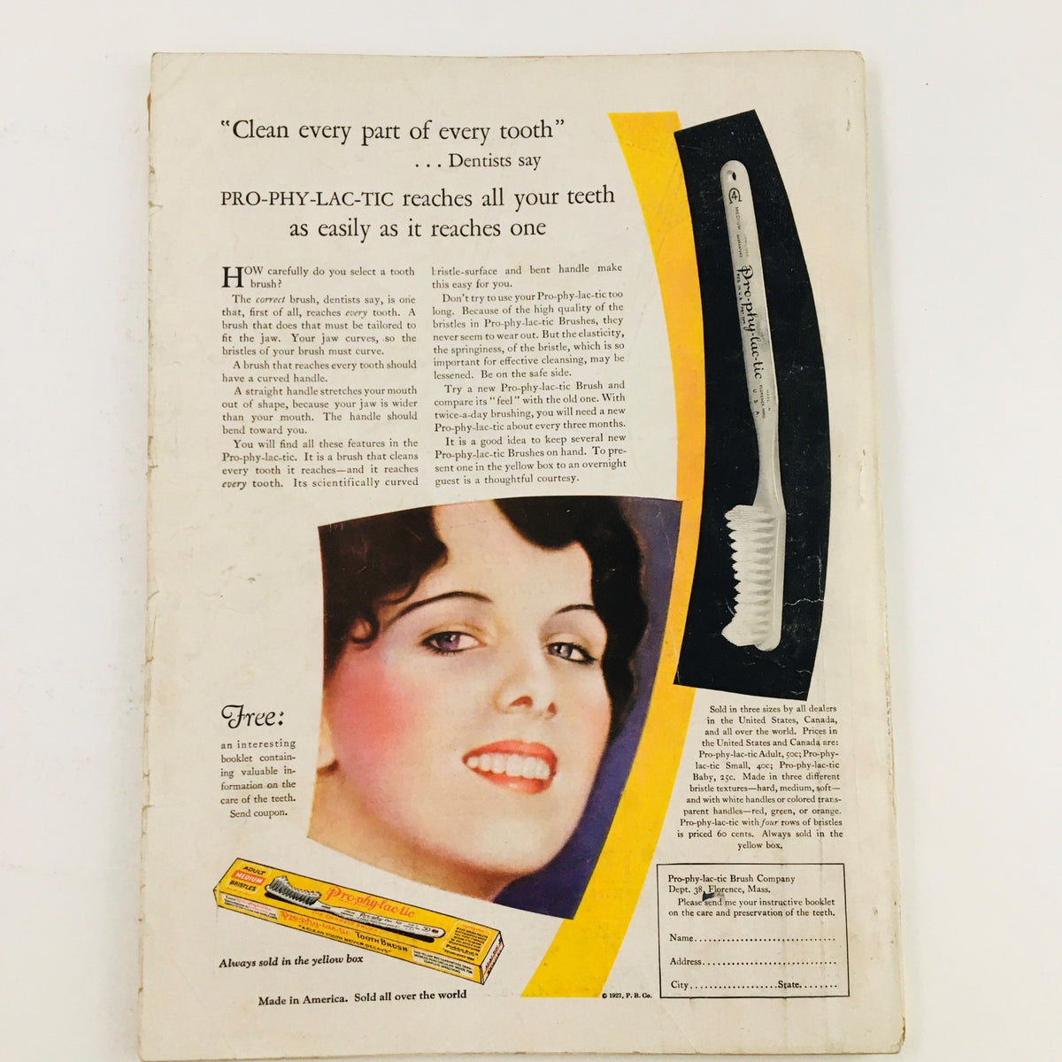 Back cover of VTG The American Magazine September 1927 featuring a dental product advertisement for PRO-PHY-LAC-TIC toothbrush, promoting thorough dental care.