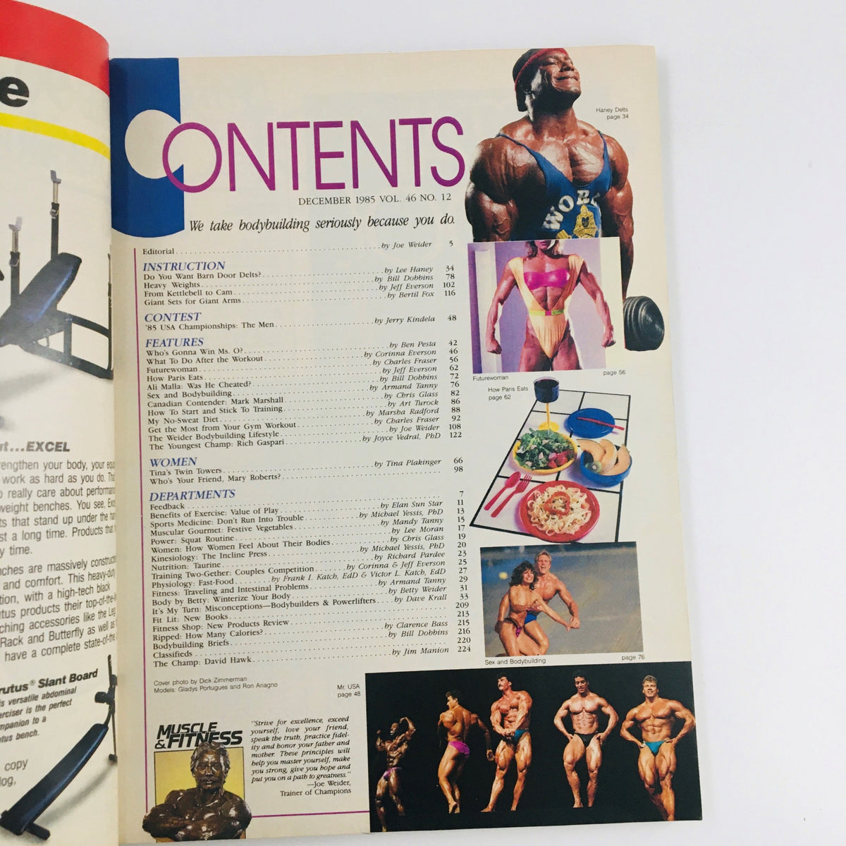 Contents page of Muscle & Fitness Magazine December 1995 showing various articles and features related to bodybuilding and fitness.