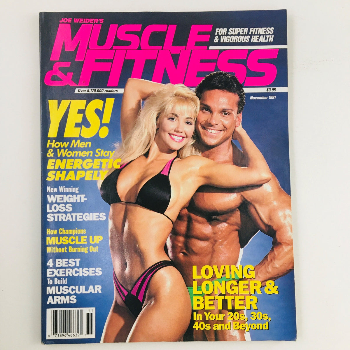 Muscle & Fitness Magazine November 1991 cover featuring a fit couple, showcasing workout tips and health advice from Arnold Schwarzenegger.