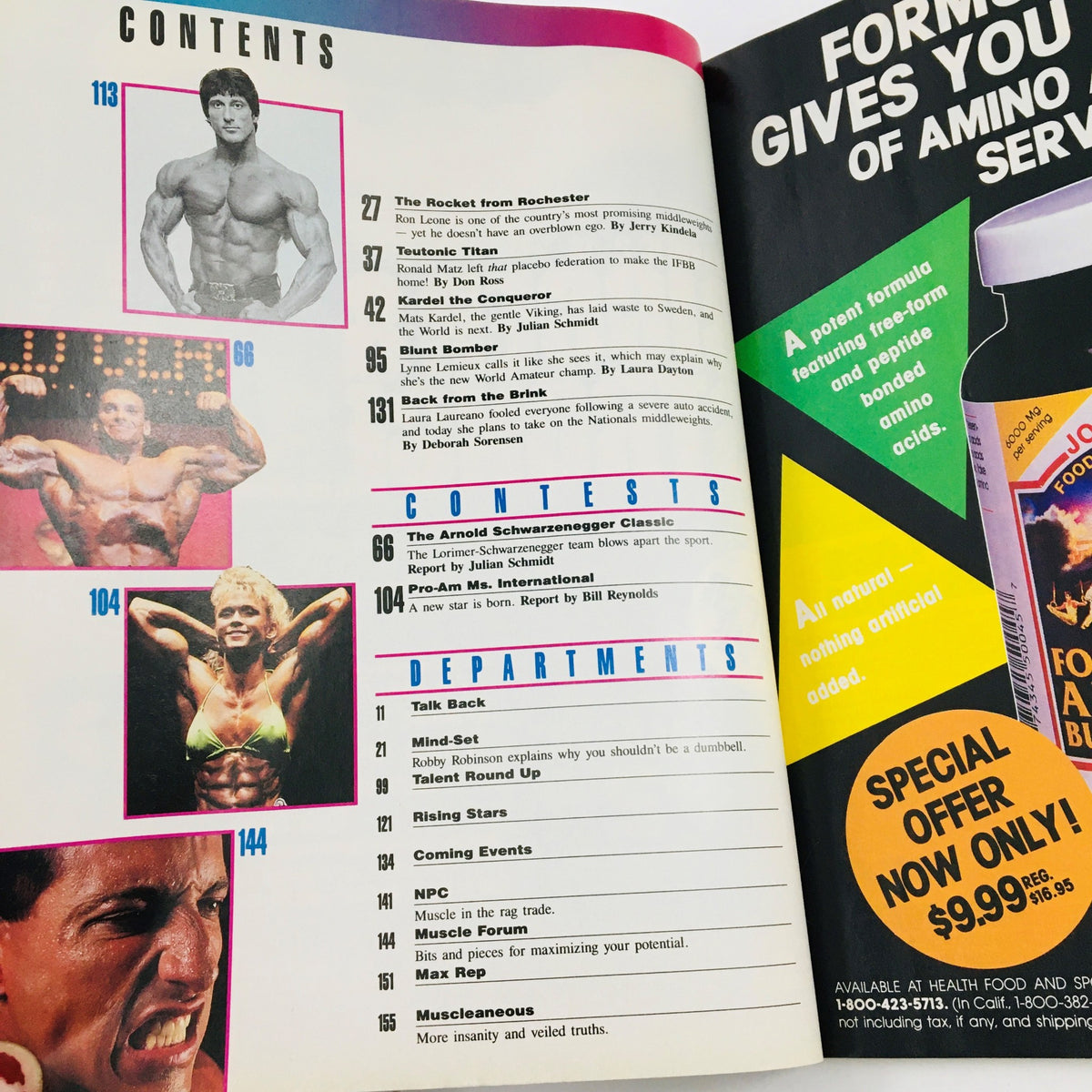 Interior page of Joe Weider's Flex Magazine August 1989 displaying the table of contents with articles on bodybuilding competitions and nutrition.