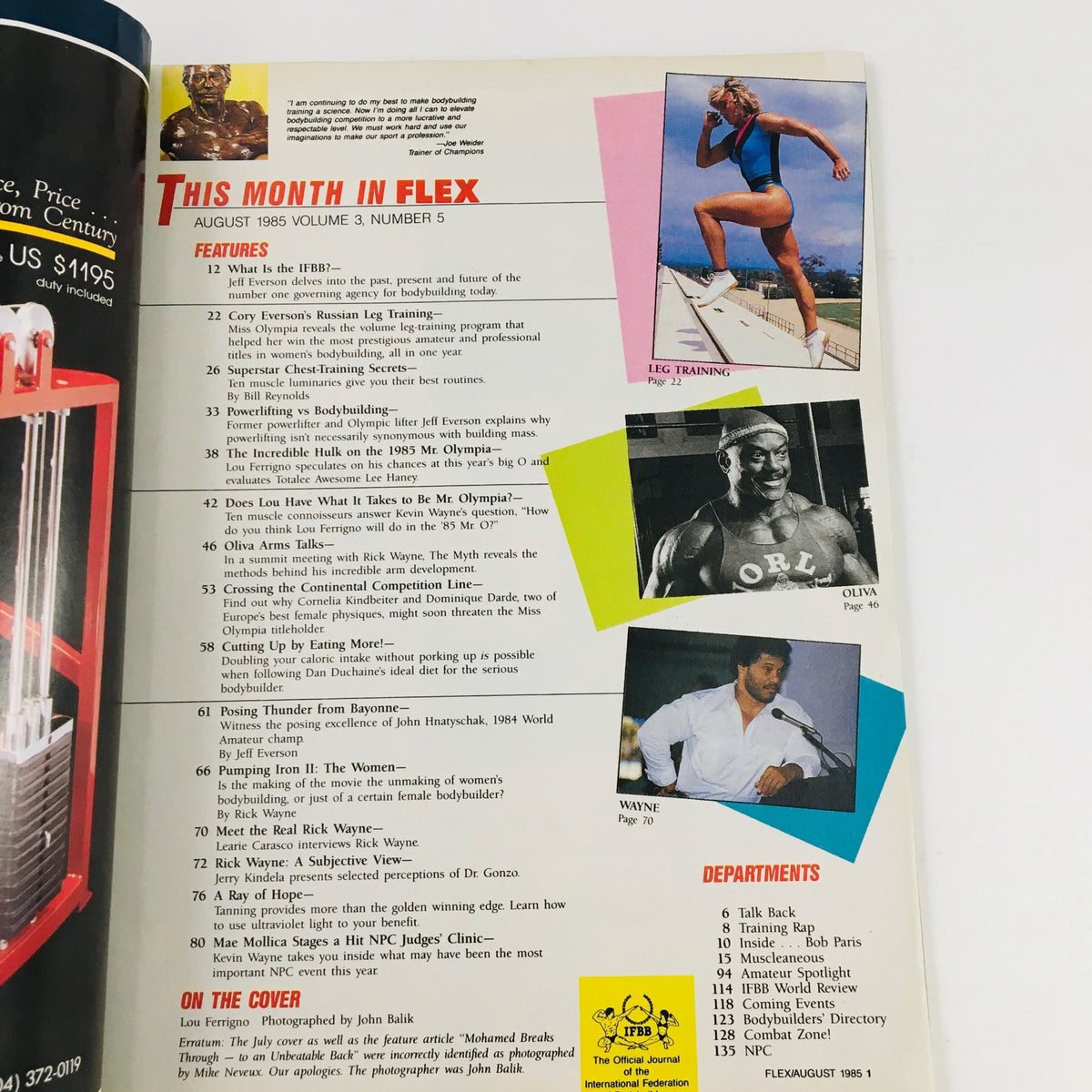 Inside page of Joe Weider's Flex Magazine August 1985, featuring content highlights and articles, including references to Lou Ferrigno and fitness training.