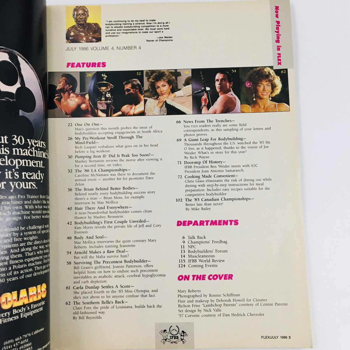 Interior of Joe Weider's Flex Magazine July 1986 showcasing features, articles, and bodybuilders including Mary Roberts. Highlights include bodybuilding success stories and training tips from the 1980s fitness culture.