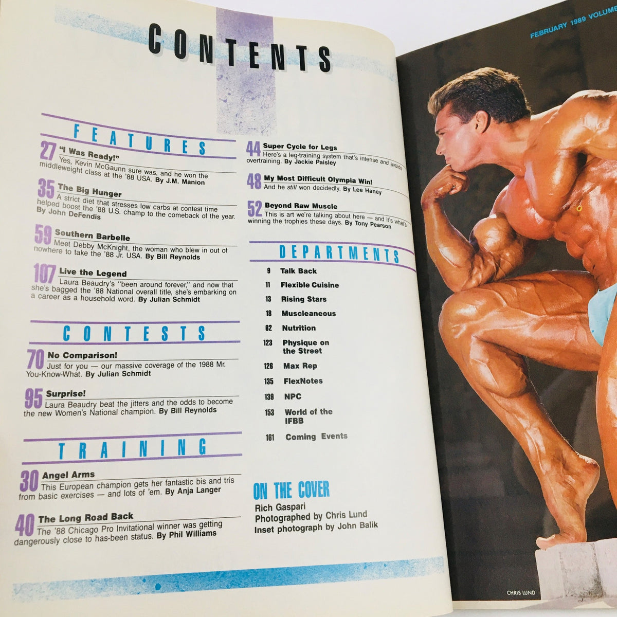 Contents page of Joe Weider's Flex Magazine February 1989 highlighting features and articles related to bodybuilding, including Rich Gaspari's cover story and training techniques.