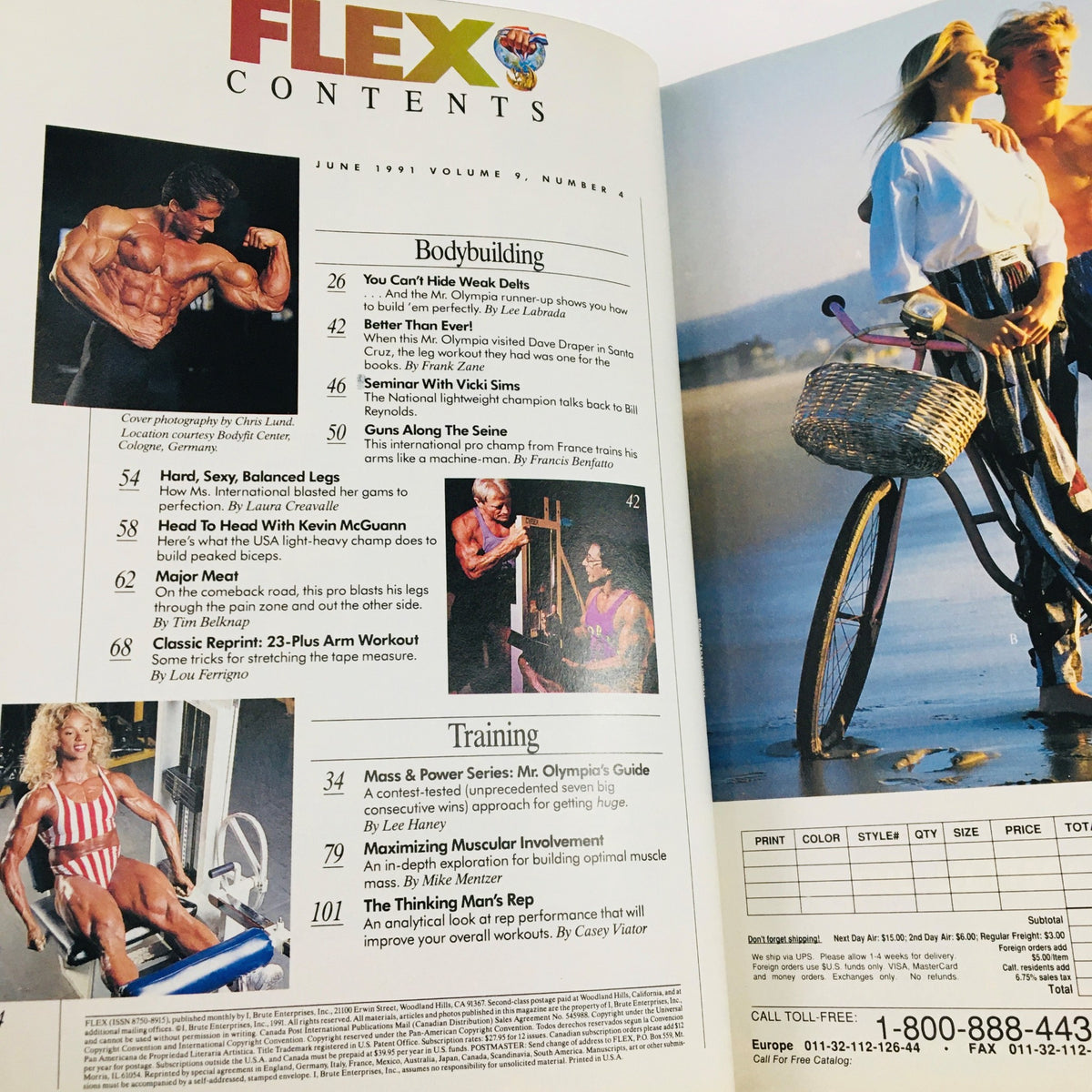 Contents page of Joe Weider's Flex Magazine June 1991, highlighting articles on bodybuilding and training, including contributions from Francis Benfatto.