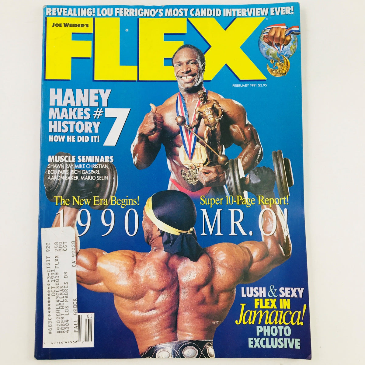 Joe Weider's Flex Magazine February 1991 cover featuring bodybuilder Lee Haney, showcasing his historic achievements with a trophy and weights. This vintage magazine captures a pivotal moment in bodybuilding history, perfect for collectors.