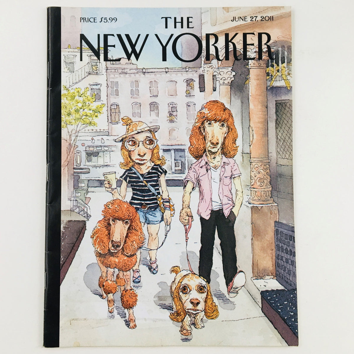 Cover of The New Yorker Magazine June 27 2011 featuring a whimsical illustration titled Dog Meets Dog by John Cuneo, depicting two dog owners walking their dogs in a city setting.