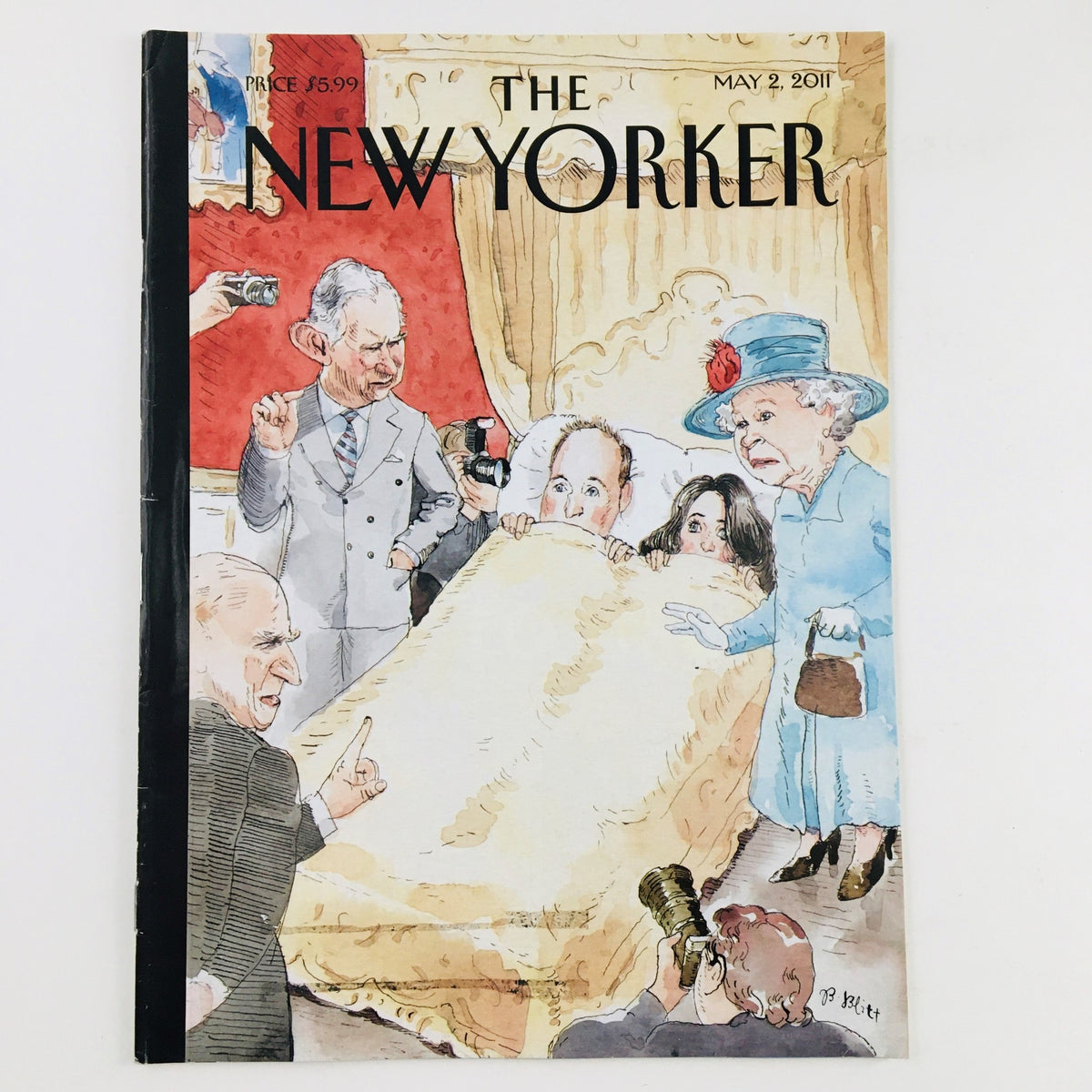 Cover of The New Yorker Magazine May 2, 2011 featuring the 'Entourage' theme illustration by Barry Blitt, depicting notable figures in a humorous scenario.