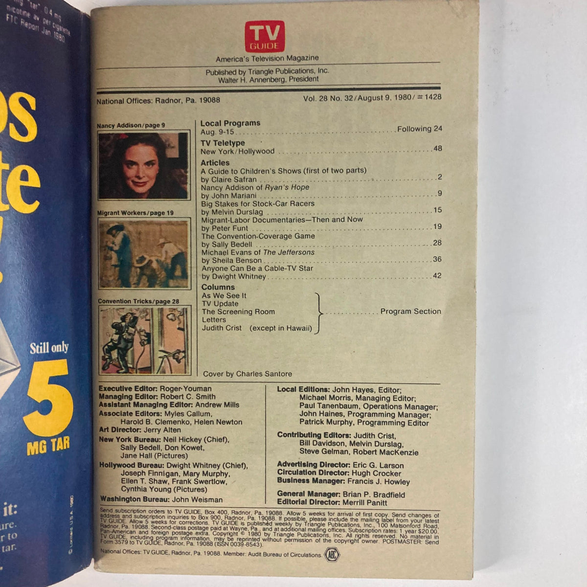 Inside page of TV Guide Magazine August 9 1980 #1428 displaying the table of contents with featured articles about children's programming, showcasing various shows and actors of that era.