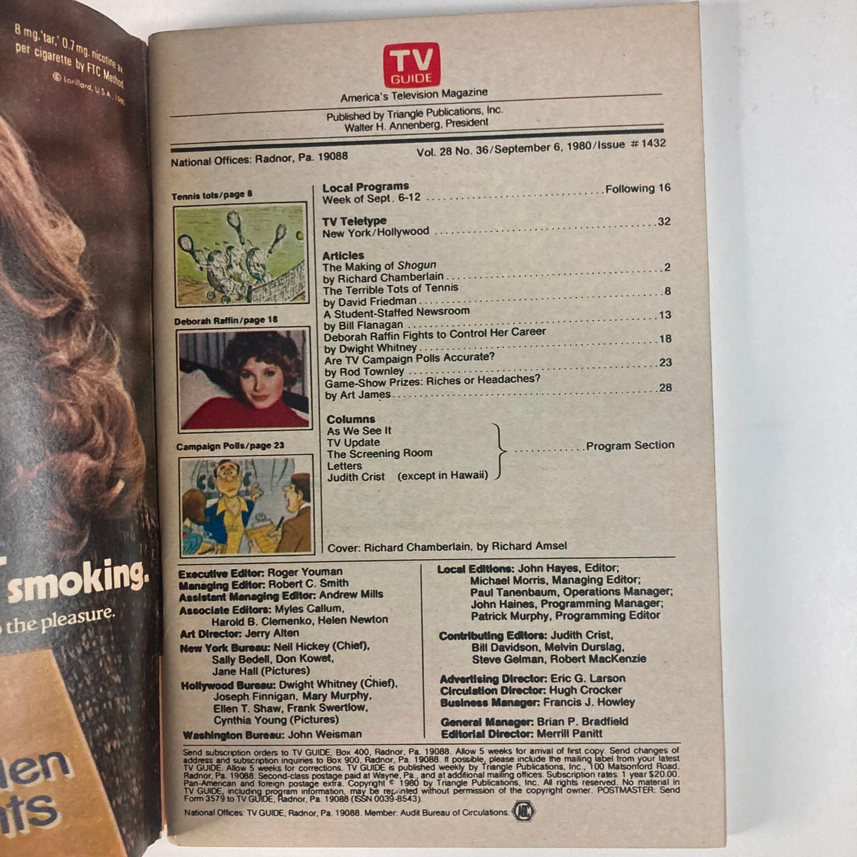 Inside page of TV Guide Magazine September 6 1980, issue number 1432, detailing articles and local programs, with Richard Chamberlain listed on the cover.