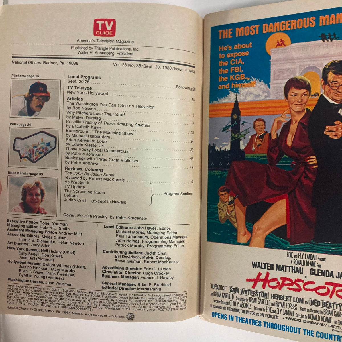 Inside view of TV Guide Magazine September 20, 1980 (Issue #1434), featuring articles, local programs, and advertisements related to television, with a focus on Priscilla Presley.