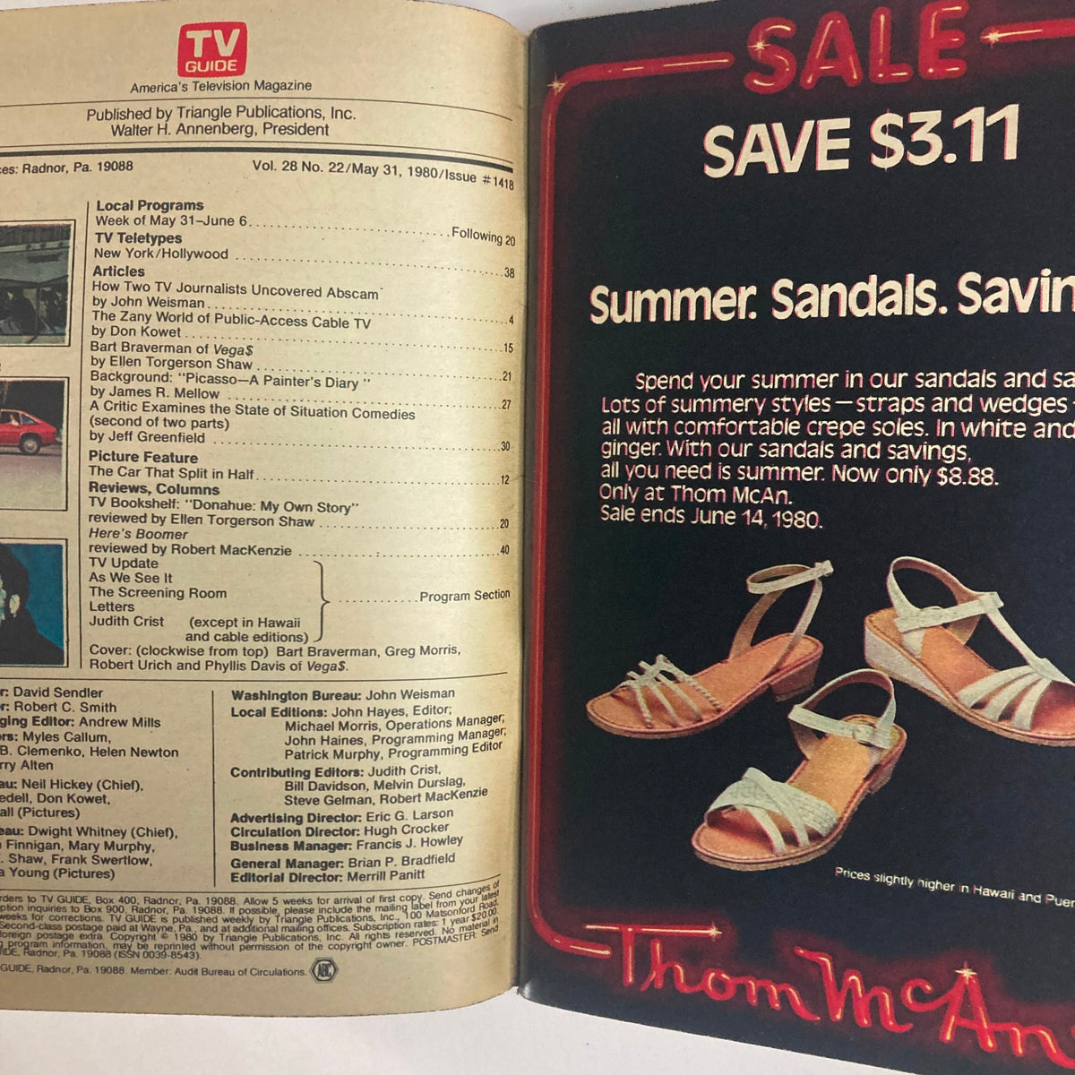 Inside page of TV Guide Magazine May 31, 1980, displaying detailed contents and articles related to classic television shows.