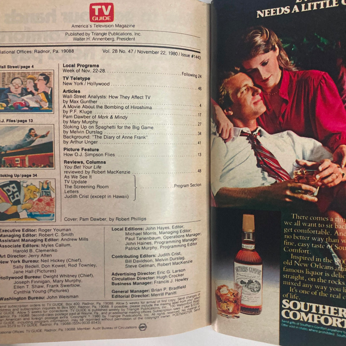 Interior page of TV Guide Magazine November 22 1980 #1443 showing local program listings and articles, highlighting Pam Dawber and early 1980s television insights.