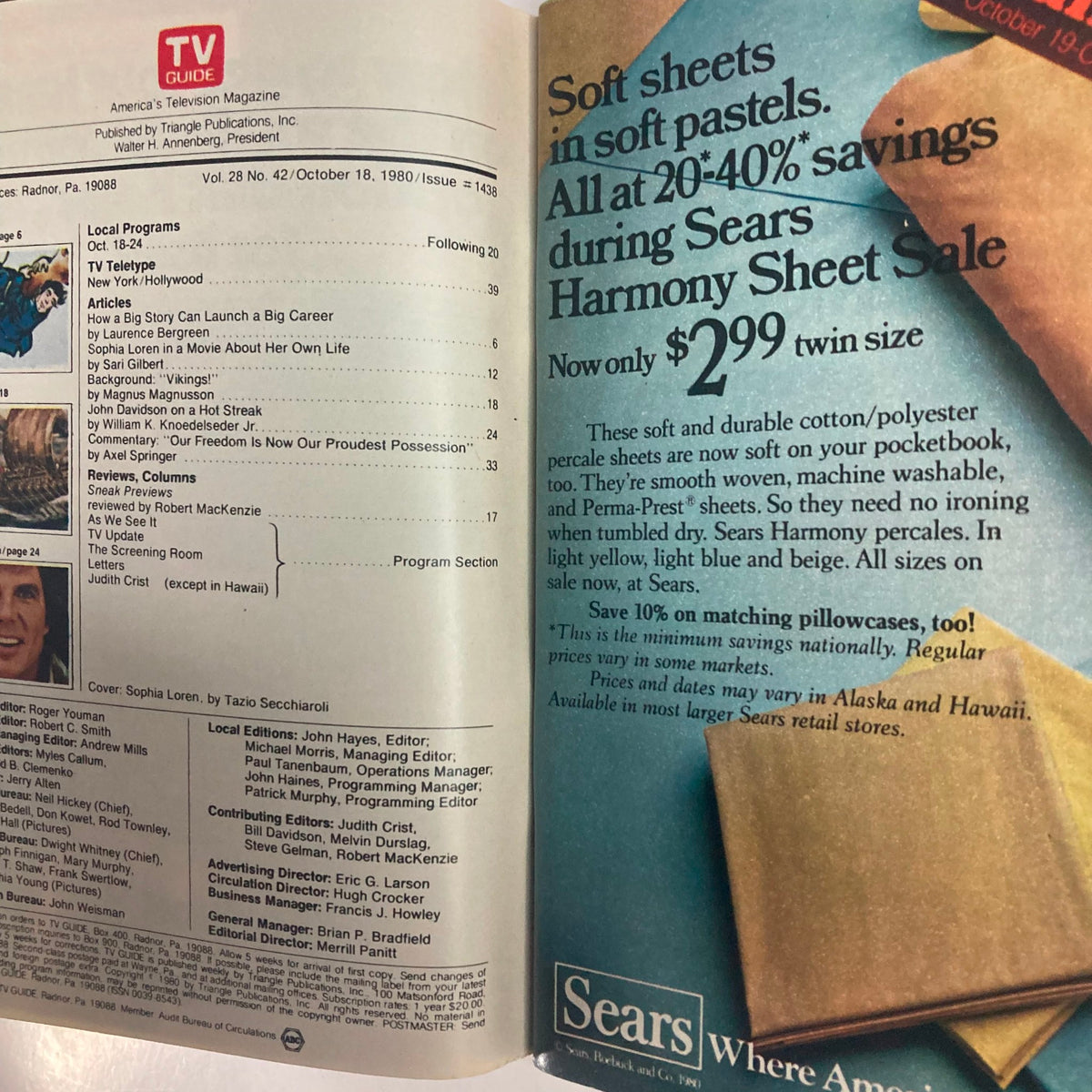 Interior page of the TV Guide Magazine October 18, 1980, displaying the table of contents and articles including features on Sophia Loren and other entertainment topics.
