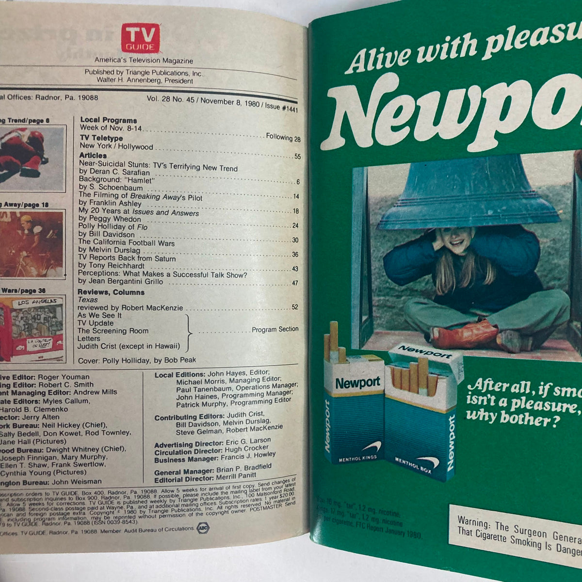 Inside view of TV Guide Magazine November 8 1980 #1441, showcasing the table of contents and advertisements, reflecting 1980s television programming.