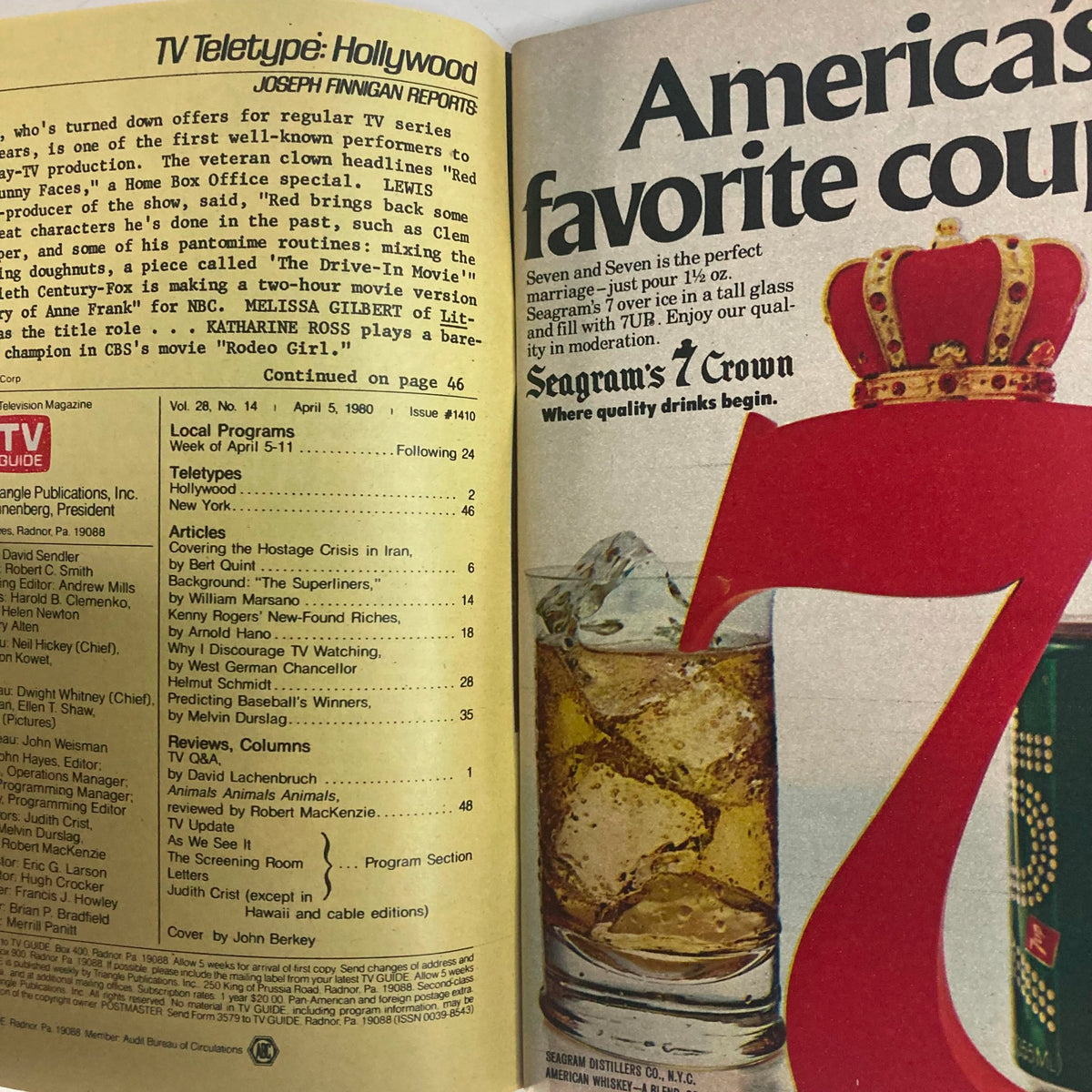 TV Guide Magazine April 5 1980, Issue #1410 featuring an article on baseball strategies and predictions. Inside view showcasing television listings and advertisements, with a focus on a Seagram's advertisement highlighting its whiskey products.