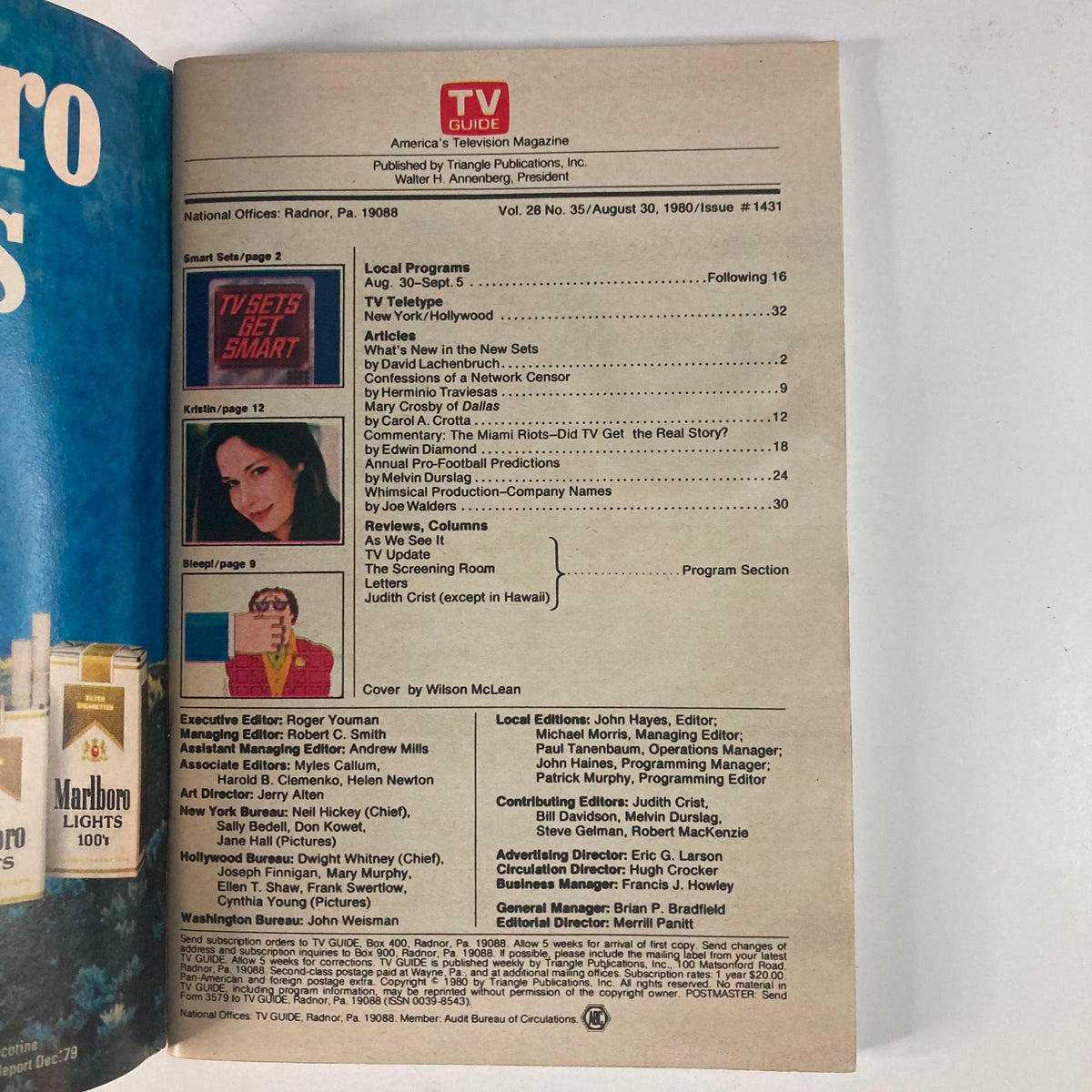 Inside page of TV Guide Magazine August 30, 1980, Issue #1431, detailing articles including Mary Crosby of Dallas and various local programs.