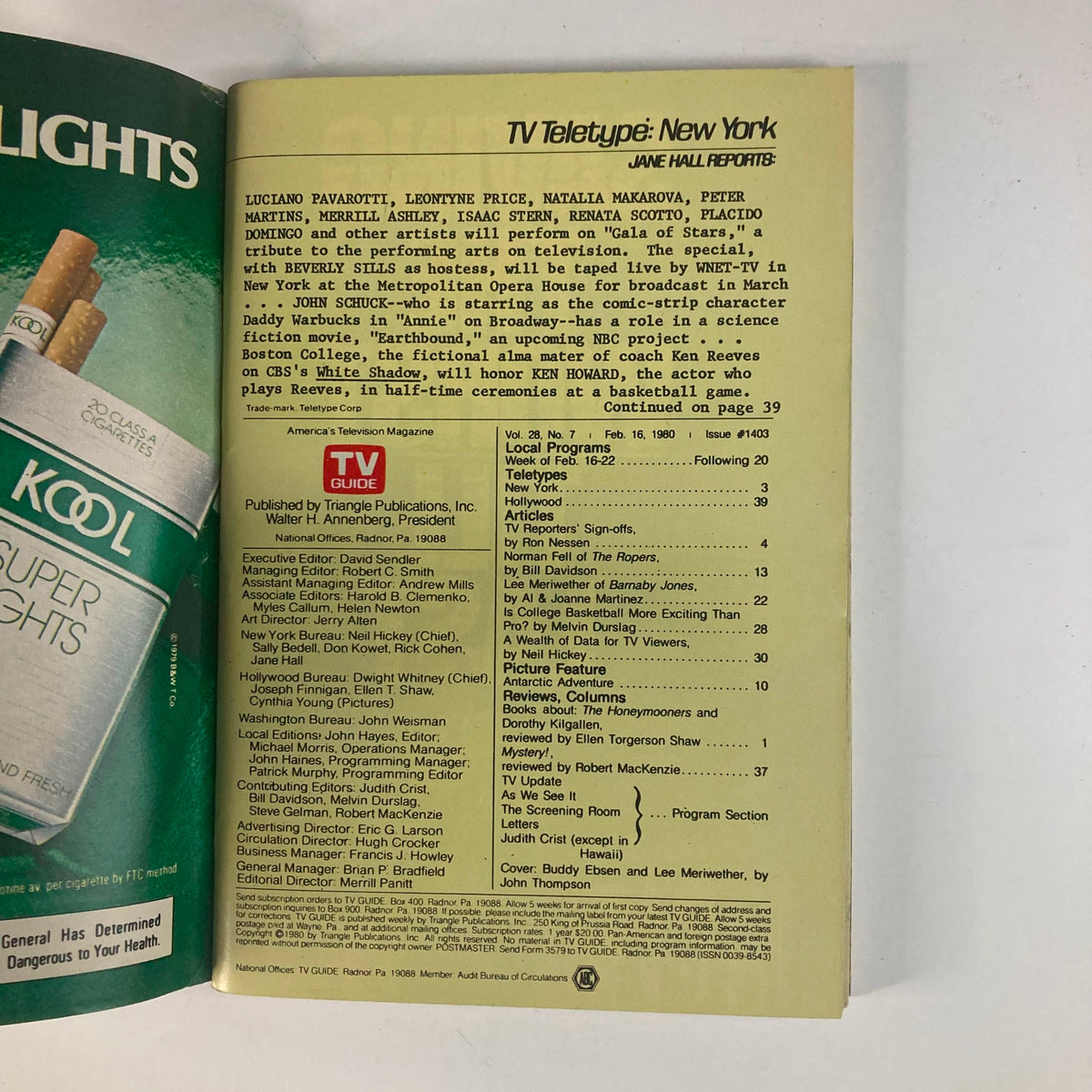 Inside page of TV Guide Magazine February 16, 1980, issue number 1403. Contains TV Teletype section with information about upcoming shows and celebrities, including Buddy Ebsen and Lee Meriwether.