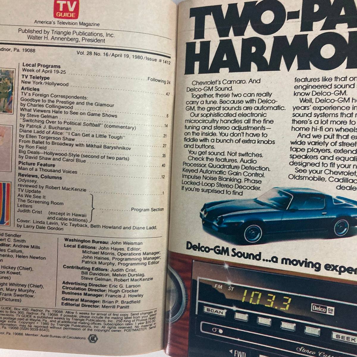 Interior page of TV Guide Magazine April 19, 1980, issue #1412, displaying a table of contents and articles including coverage of the cast of 'Alice' and features on television programs of the time.
