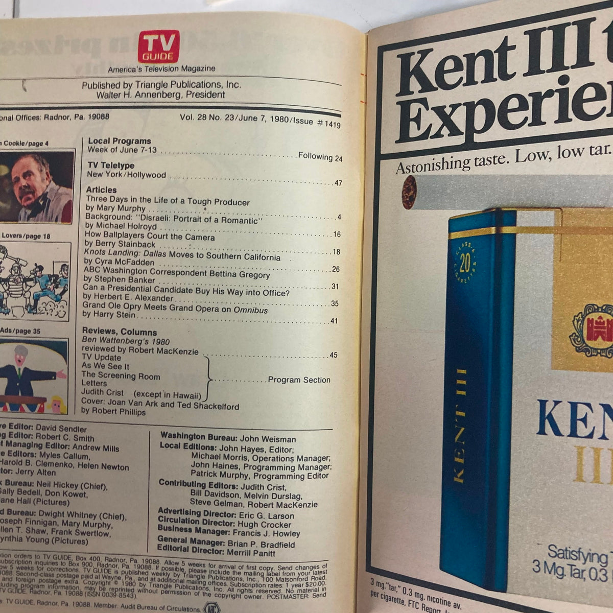 Inside page of TV Guide Magazine June 7, 1980 #1419 showcasing contents including program listings and articles, featuring Joan Van Ark and Ted Shackelford from Knots Landing.