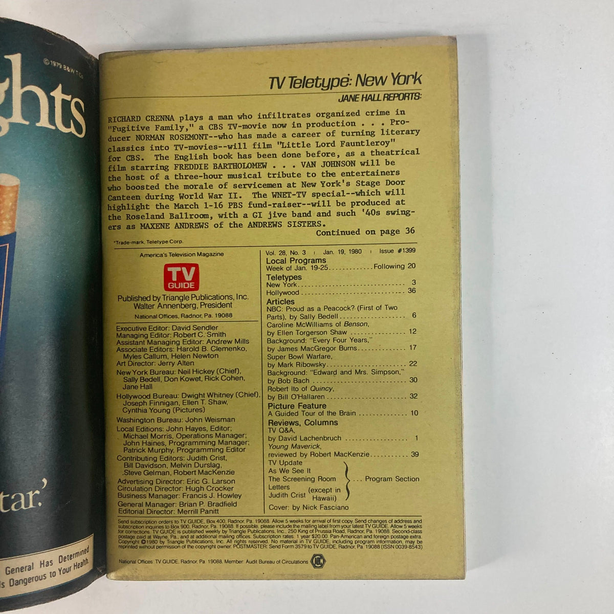 Back cover of TV Guide Magazine January 19 1980 #1399 featuring TV Teletype New York information, local programs, and production details, highlighting entertainment content during the Super Bowl 1980 era.
