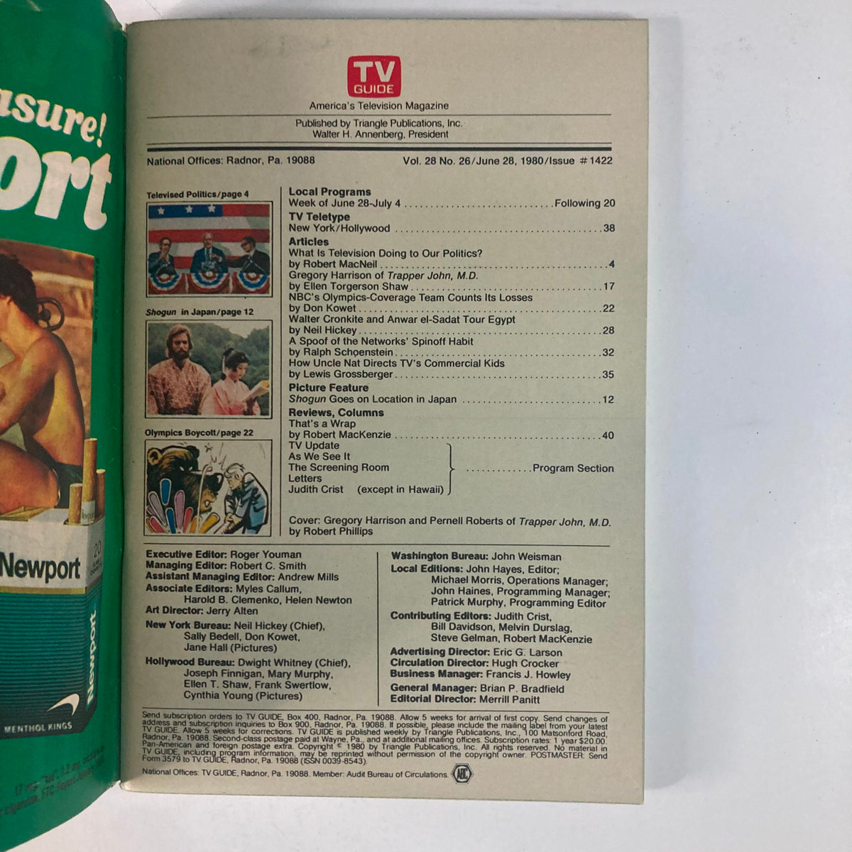 Inside page of TV Guide Magazine June 28 1980, detailing local programs and articles, including features on Gregory Harrison and Pernell Roberts from Trapper John, M.D.