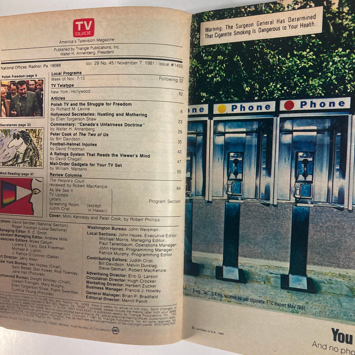 Interior page of TV Guide Magazine, November 7, 1981, featuring articles and program listings, highlighting the cultural context of the time.