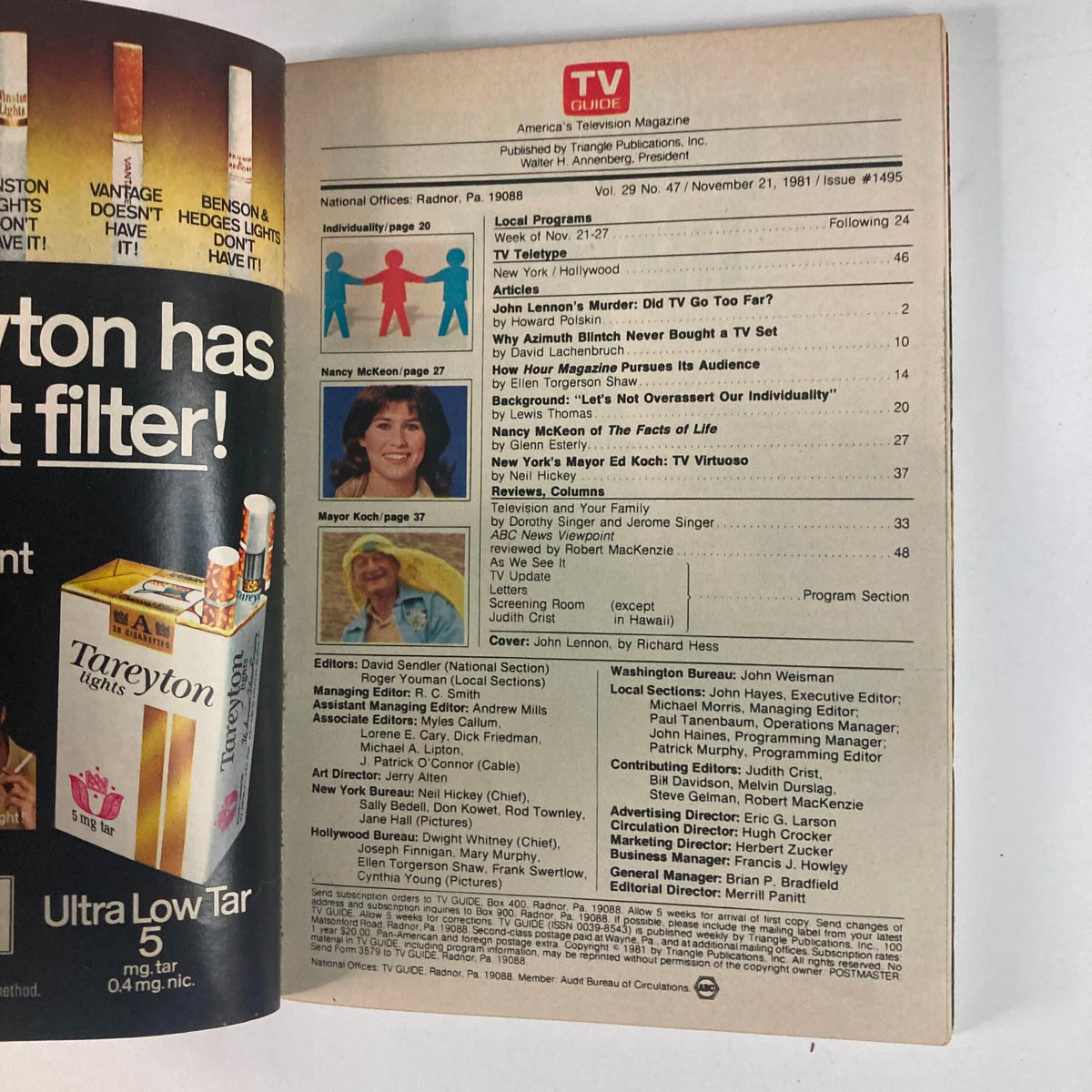 Interior page of TV Guide Magazine dated November 21, 1981, showcasing content related to John Lennon, including articles and television program listings. Detailed layout with a list of features and local programs.