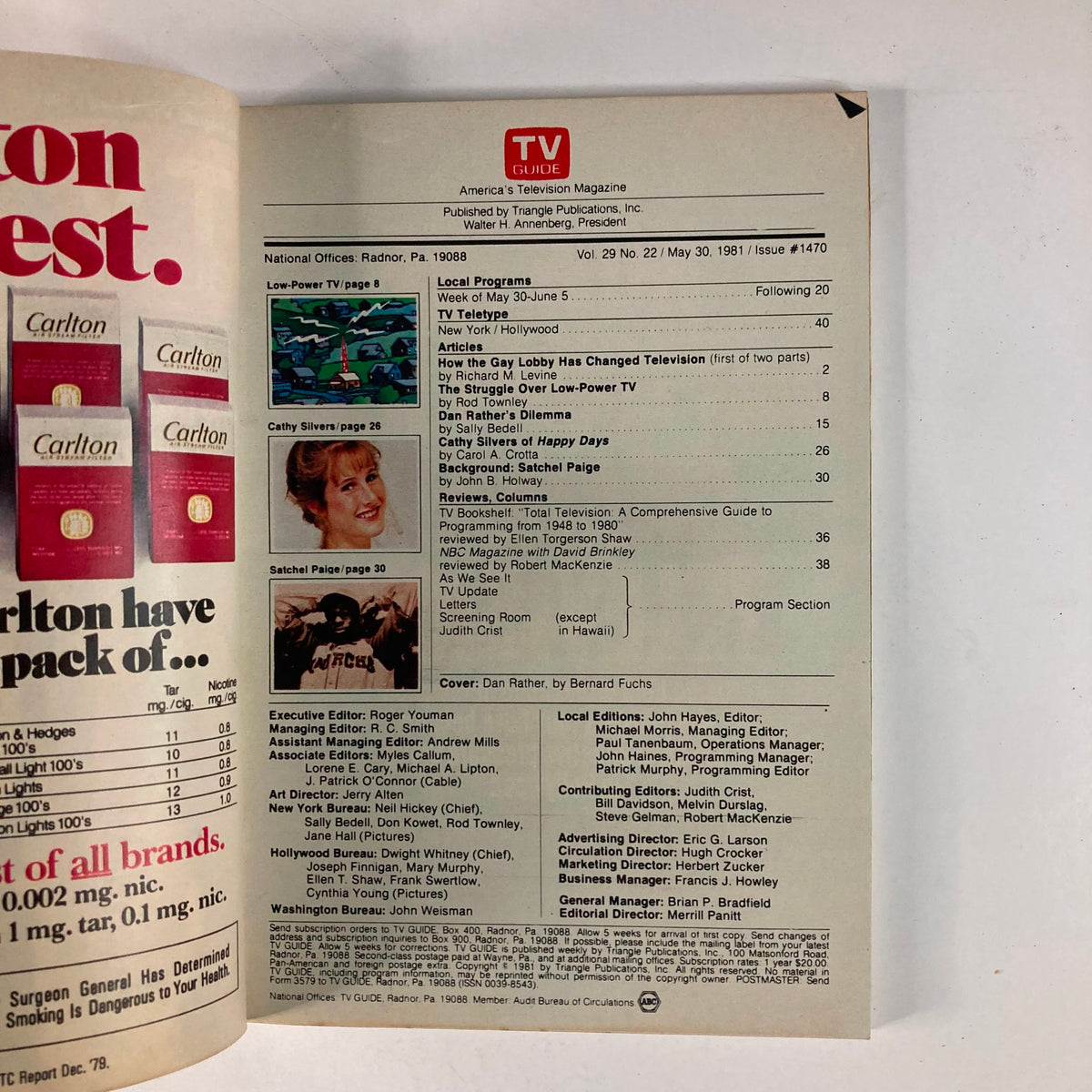 Inside page of TV Guide Magazine May 30 1981 #1470, showcasing the table of contents with articles including 'How the Gay Lobby Has Changed Television' by Richard M. Levine.