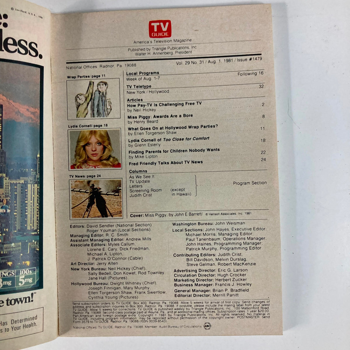 Inside spread of TV Guide Magazine August 1 1981 #1479 showcasing articles and programming highlights with Miss Piggy's cover prominently featured.