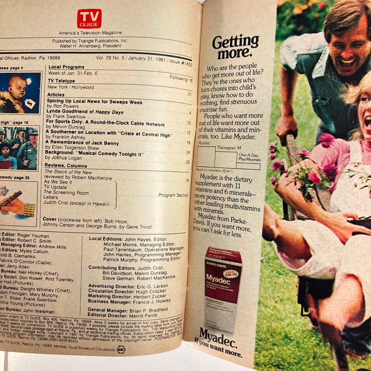 Inside page of TV Guide Magazine January 31 1981 #1453, detailing local programming and features including articles and advertisements from that era.